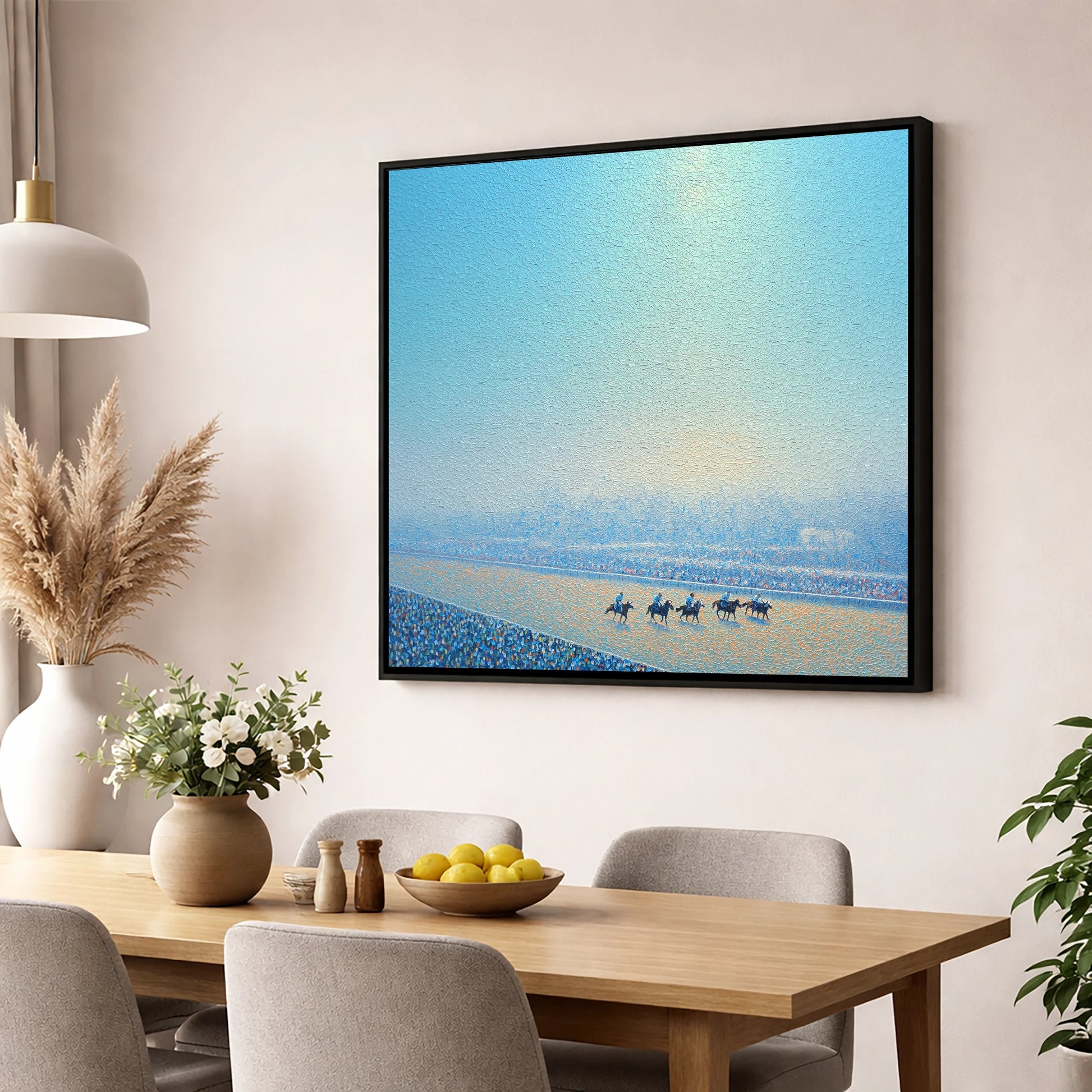 Luminous Morning Race racing horse wall art displayed in a dining room