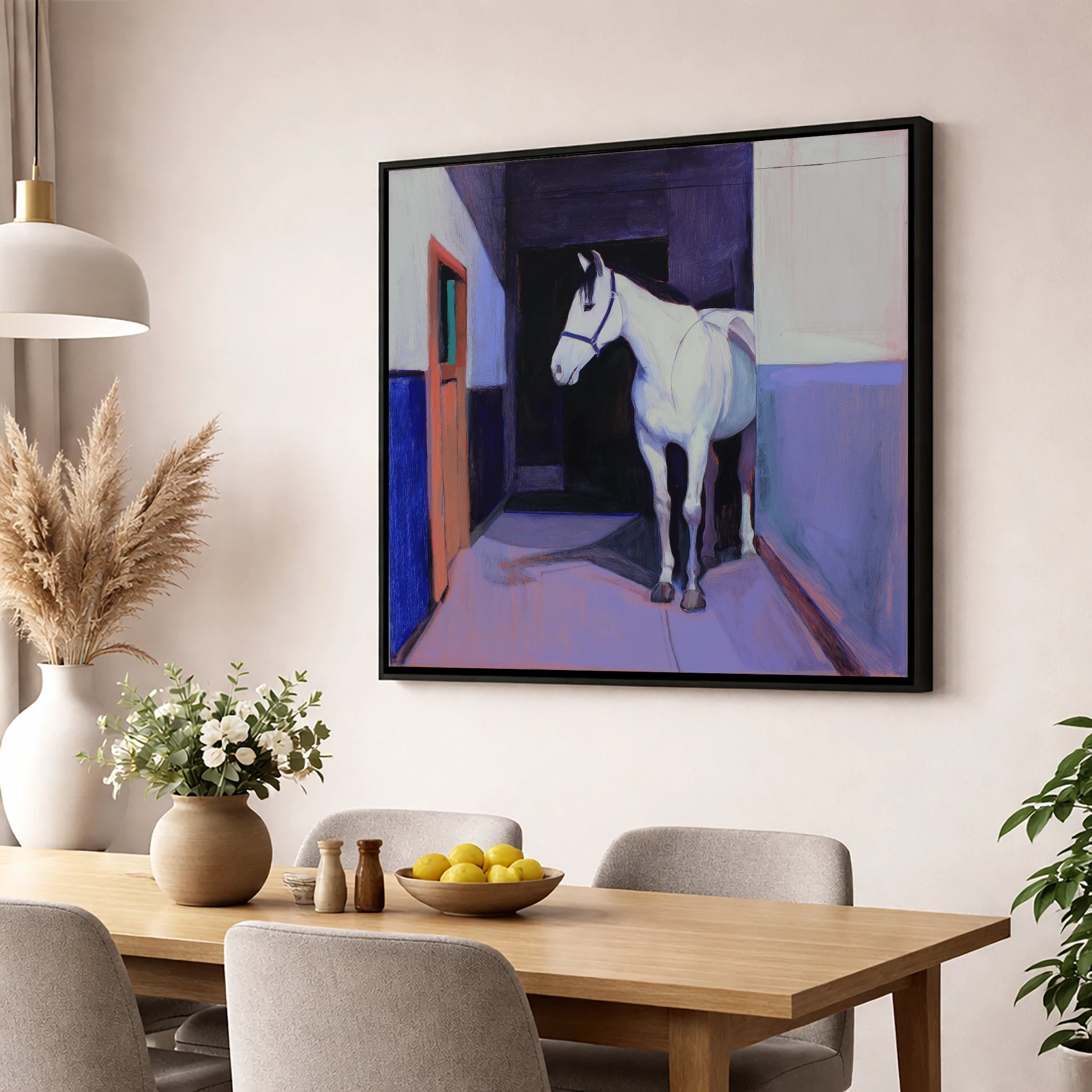 Twilight Stable Solitude horse stable wall art displayed in a dining room