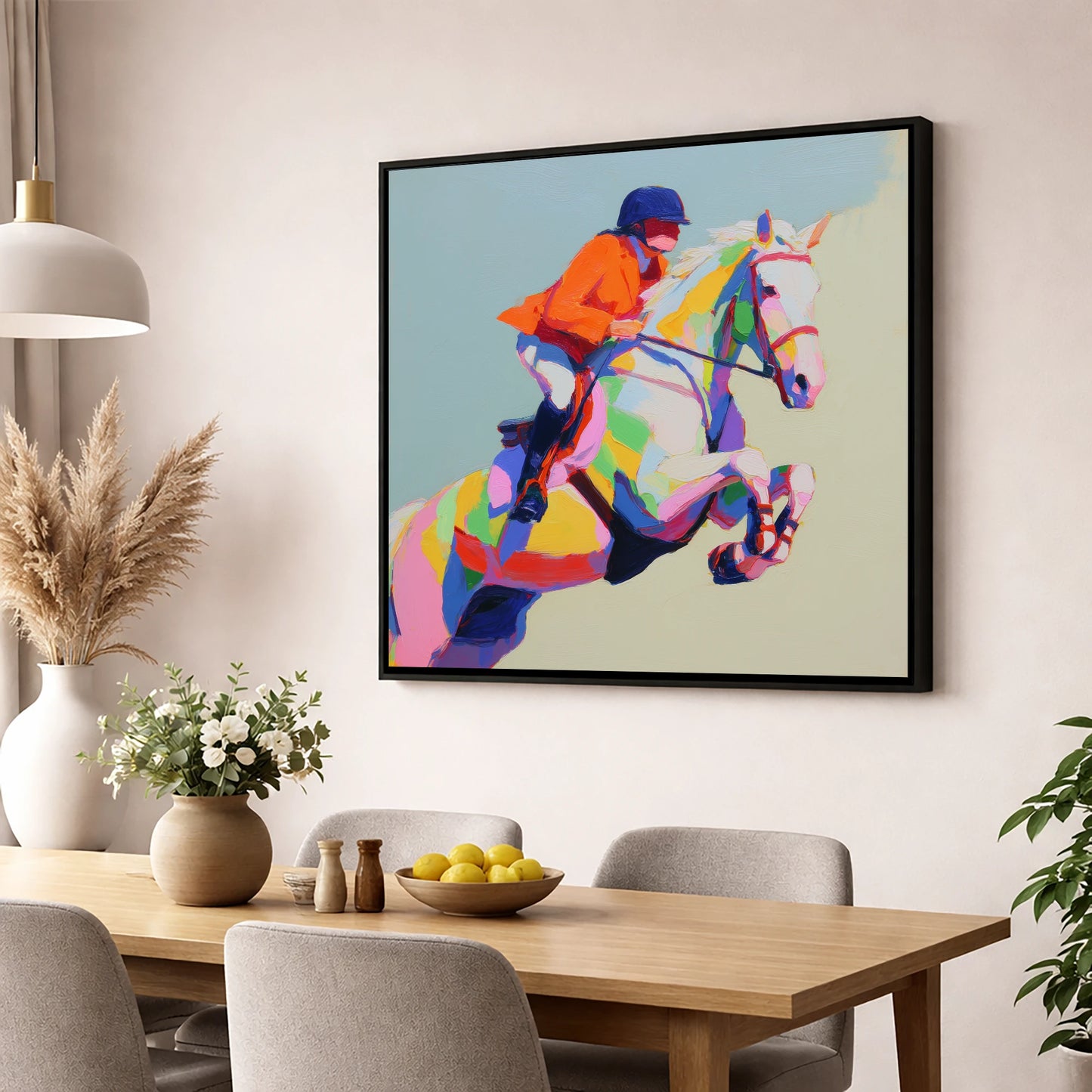 Chromatic Leap show jumping horse wall art displayed in a dining room