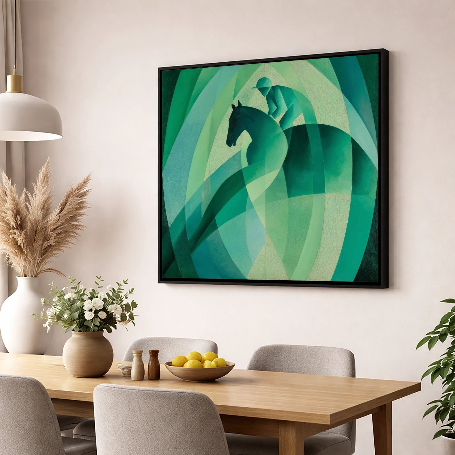 Emerald Rhythm racing horse wall art displayed in a dining room
