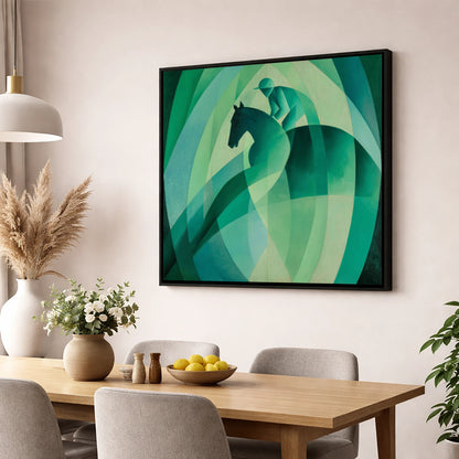 Emerald Rhythm racing horse wall art displayed in a dining room