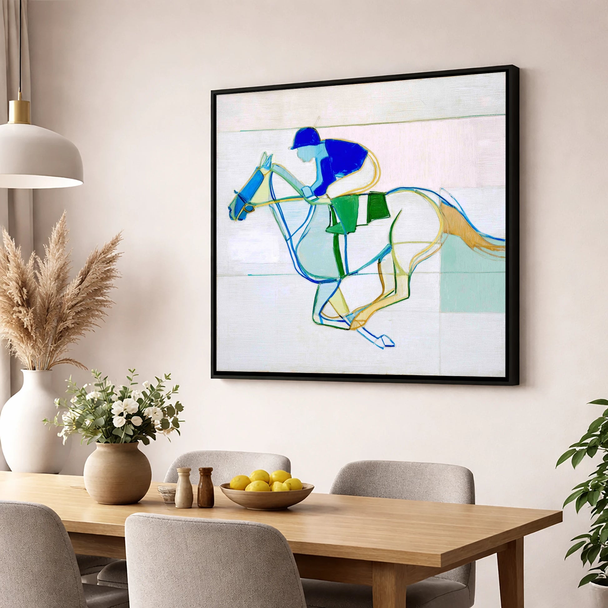 Abstract Racing Rhythm racing horse wall art displayed in a dining room
