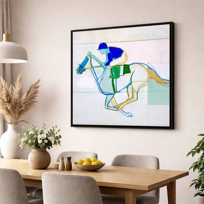 Abstract Racing Rhythm racing horse wall art displayed in a dining room