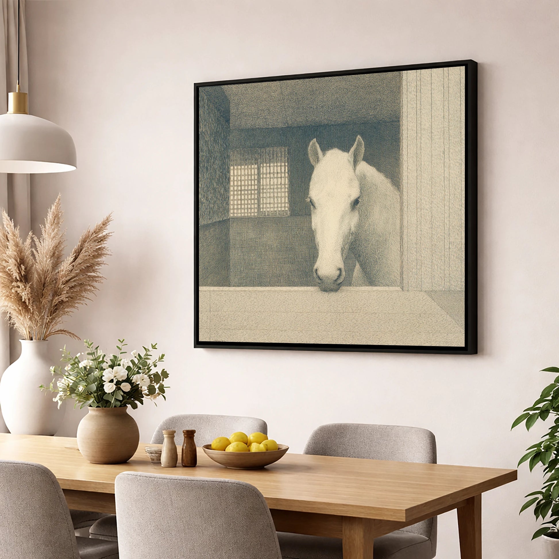 Quiet Contemplation horse stable wall art displayed in a dining room