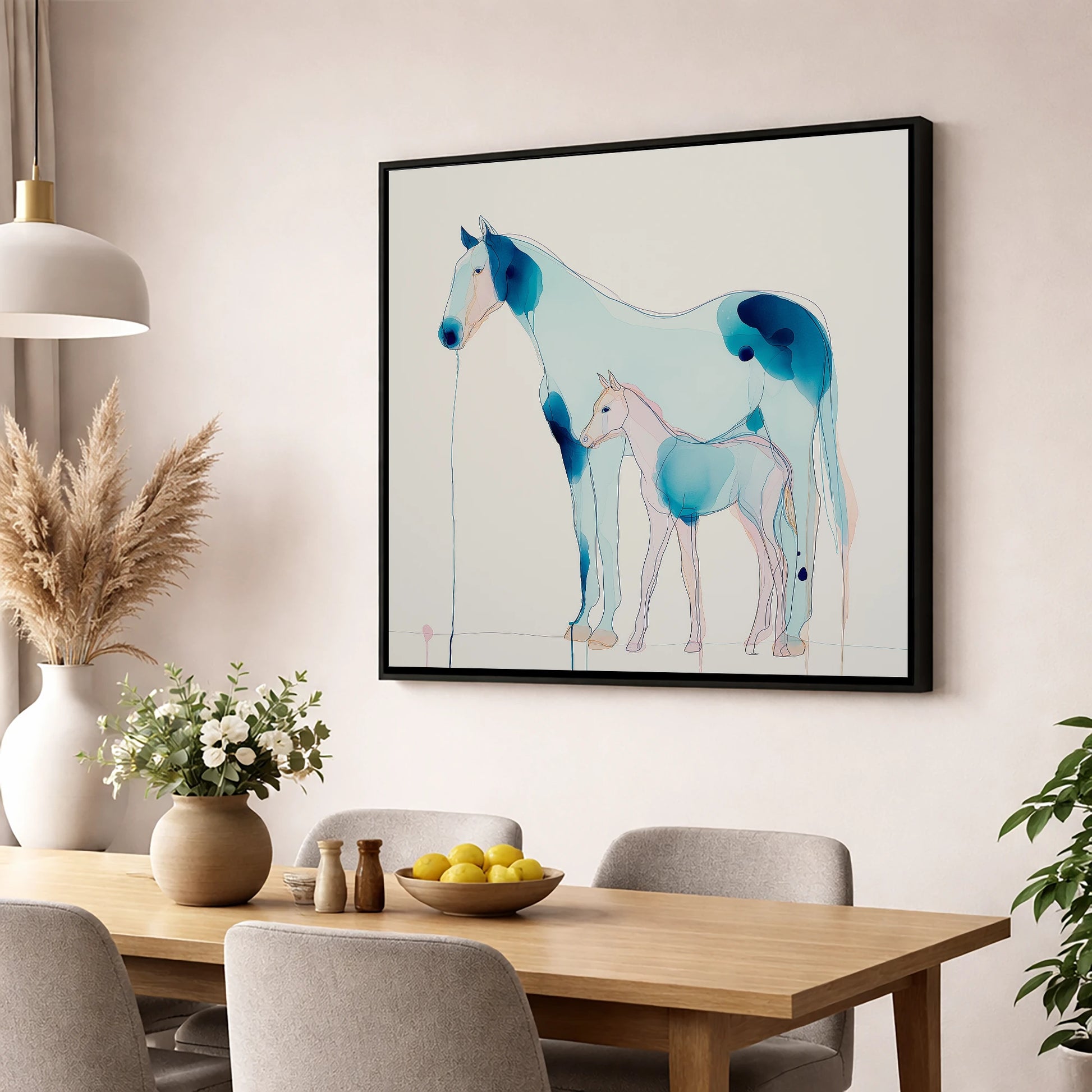 Ethereal Bond mare & foal wall art displayed in a dining room