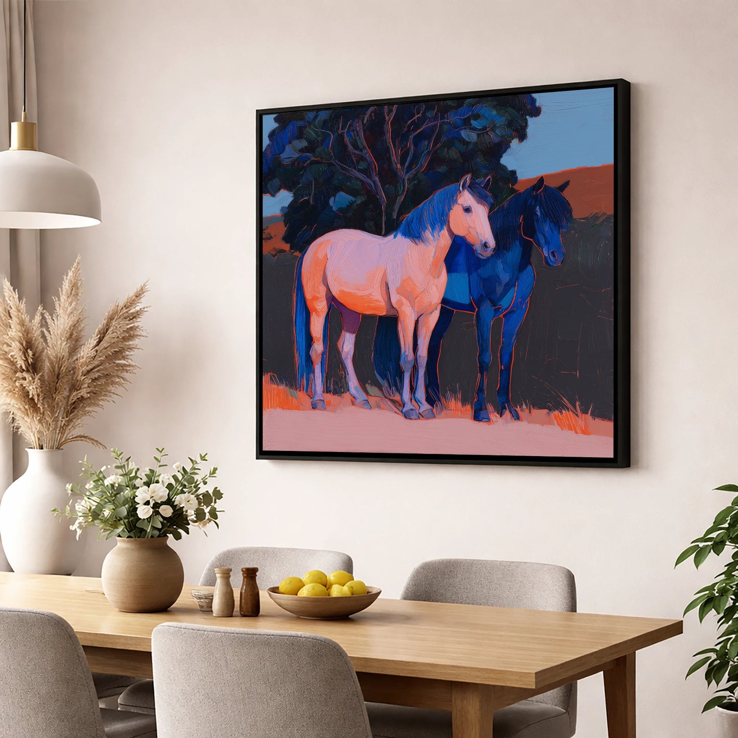 Contrasting Companions horse landscape wall art displayed in a dining room