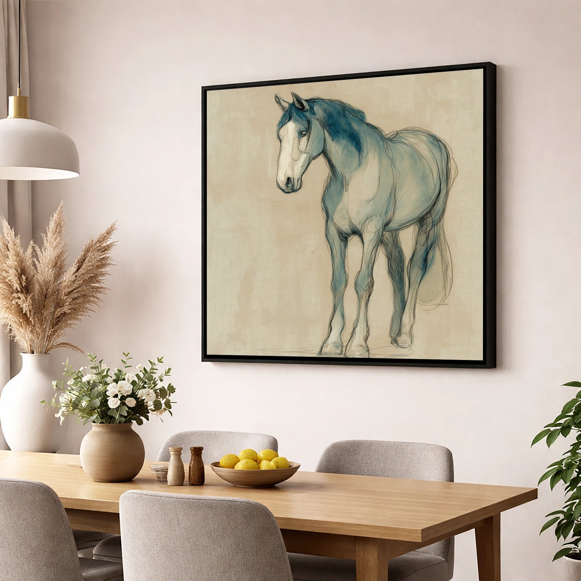 Azure Equine Sketch horse portrait wall art displayed in a dining room
