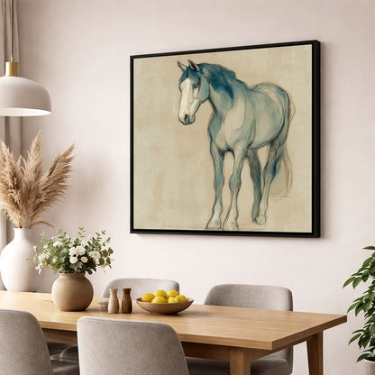 Azure Equine Sketch horse portrait wall art displayed in a dining room