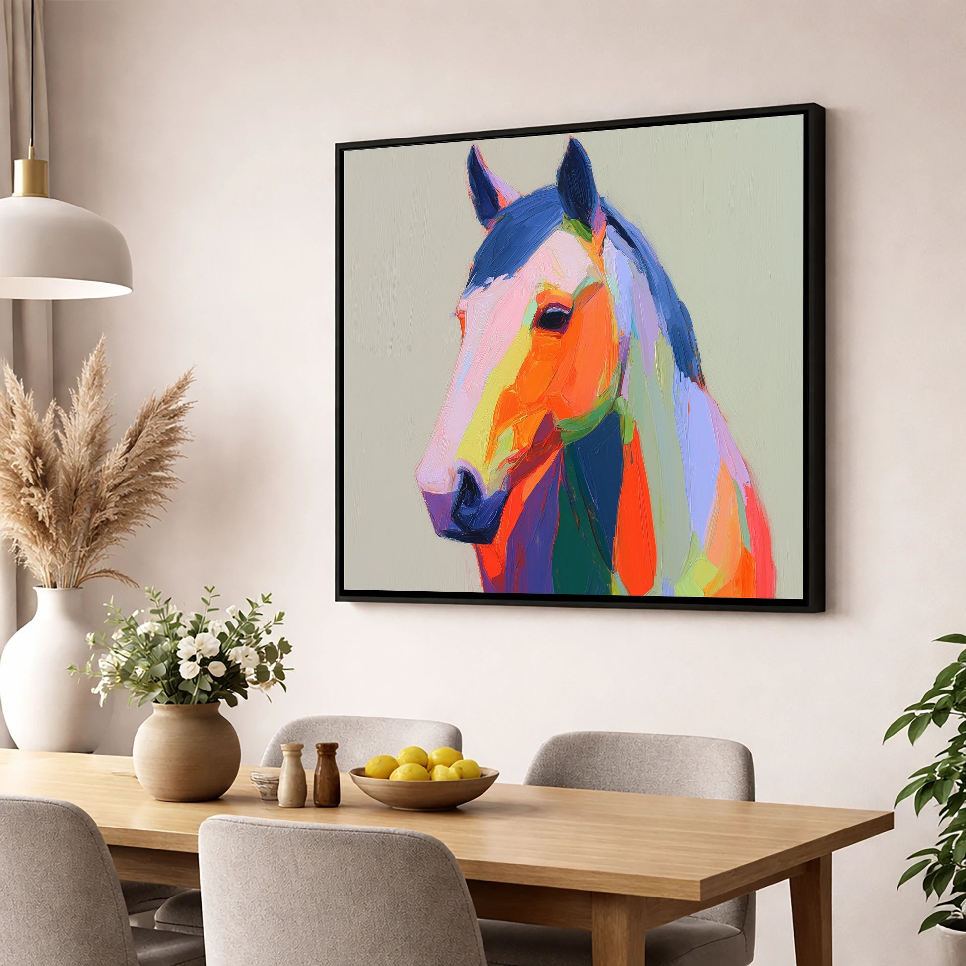Vivid Technicolour Spirit horse portrait wall art displayed in a dining room