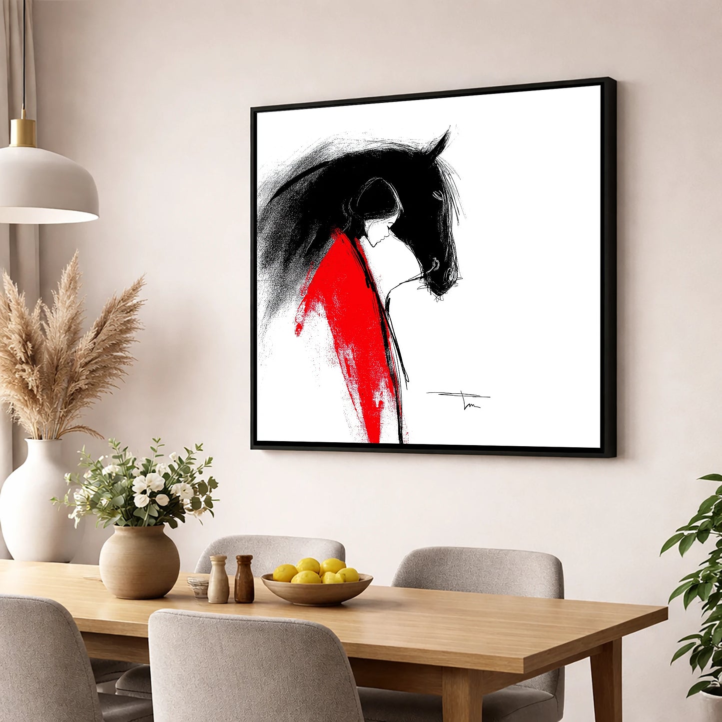 Crimson Connection horse & rider wall art displayed in a dining room