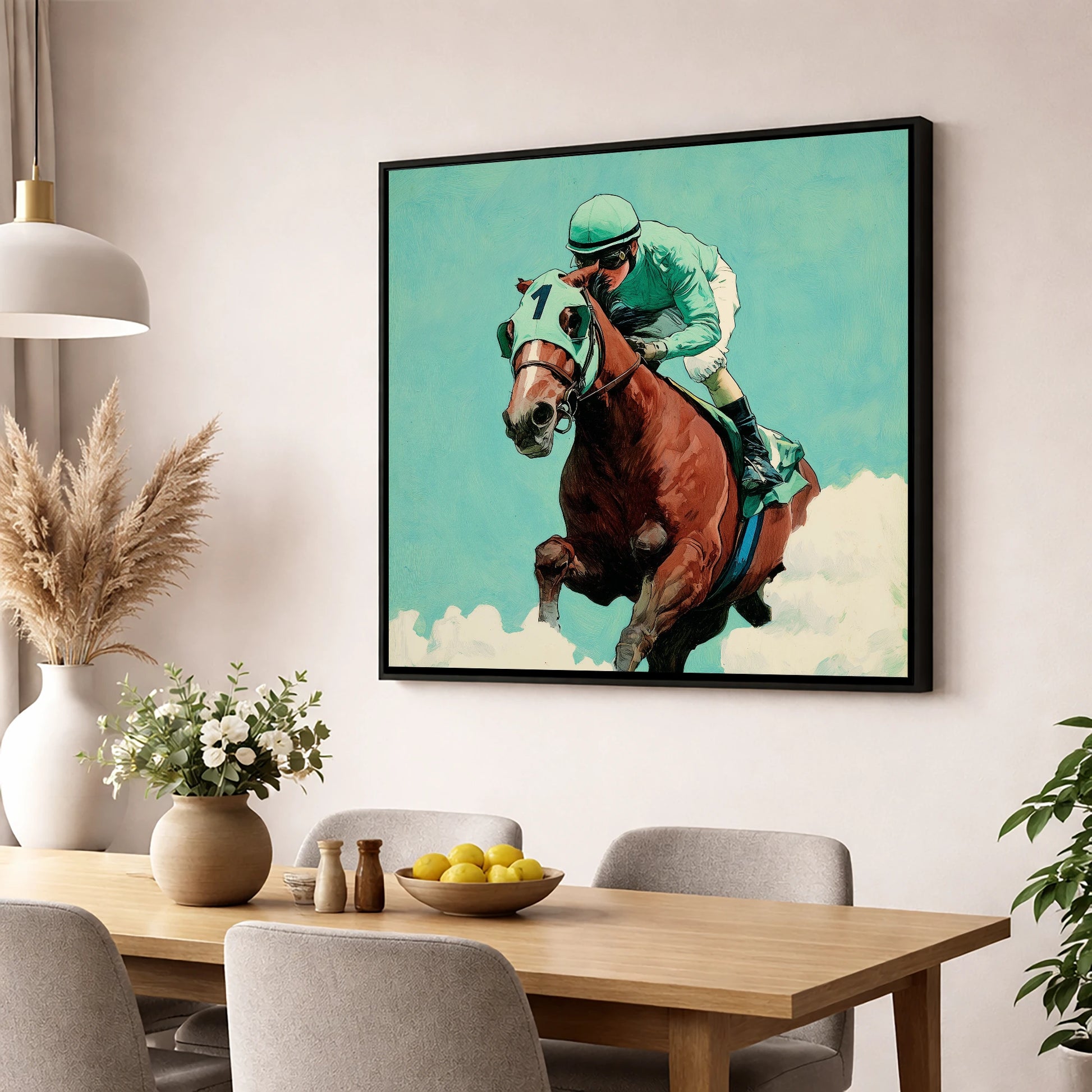 Flight of the Champion racing horse wall art displayed in a dining room