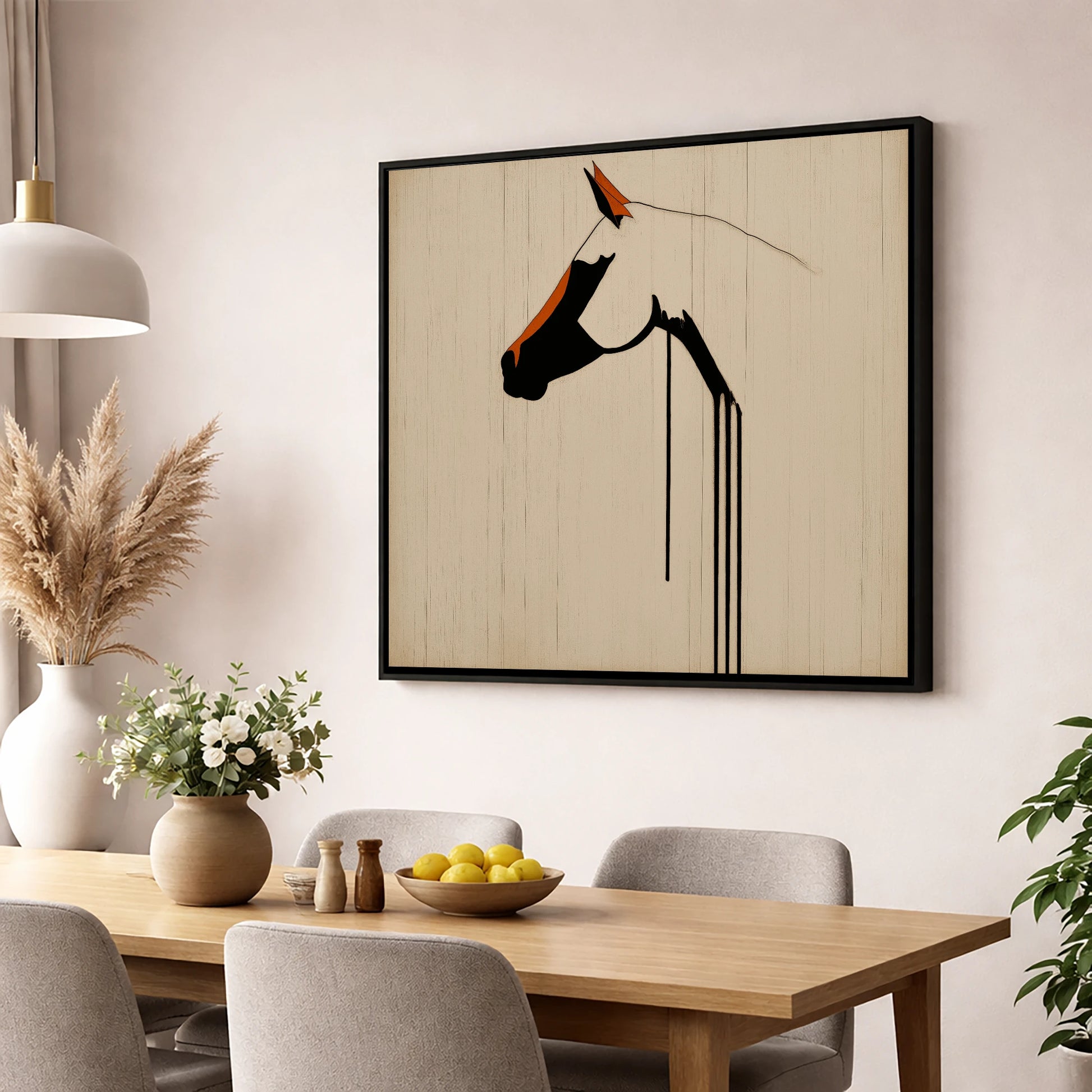 Minimalist Ink Profile horse breed wall art displayed in a dining room