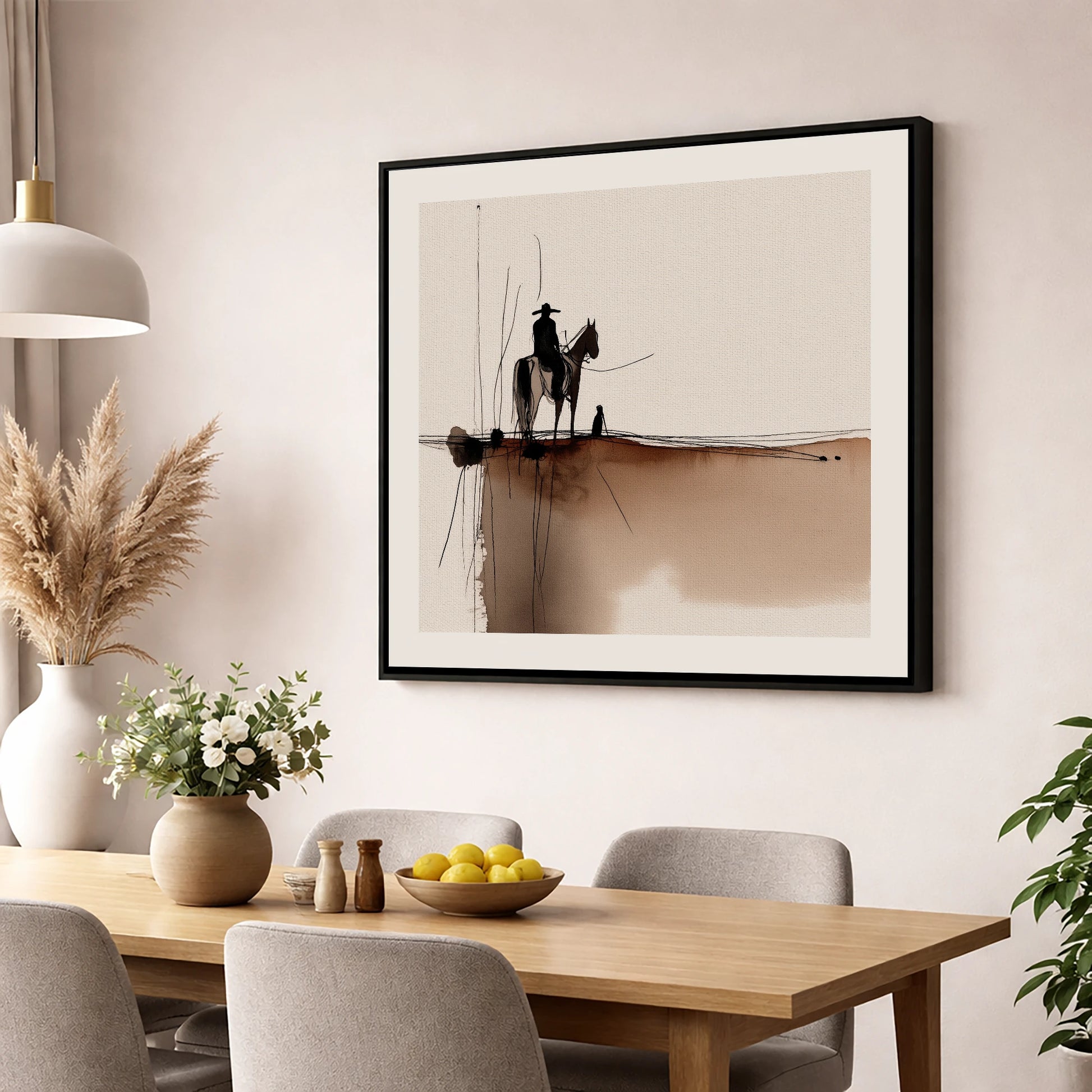 Frontier Silhouette western horse wall art displayed in a dining room