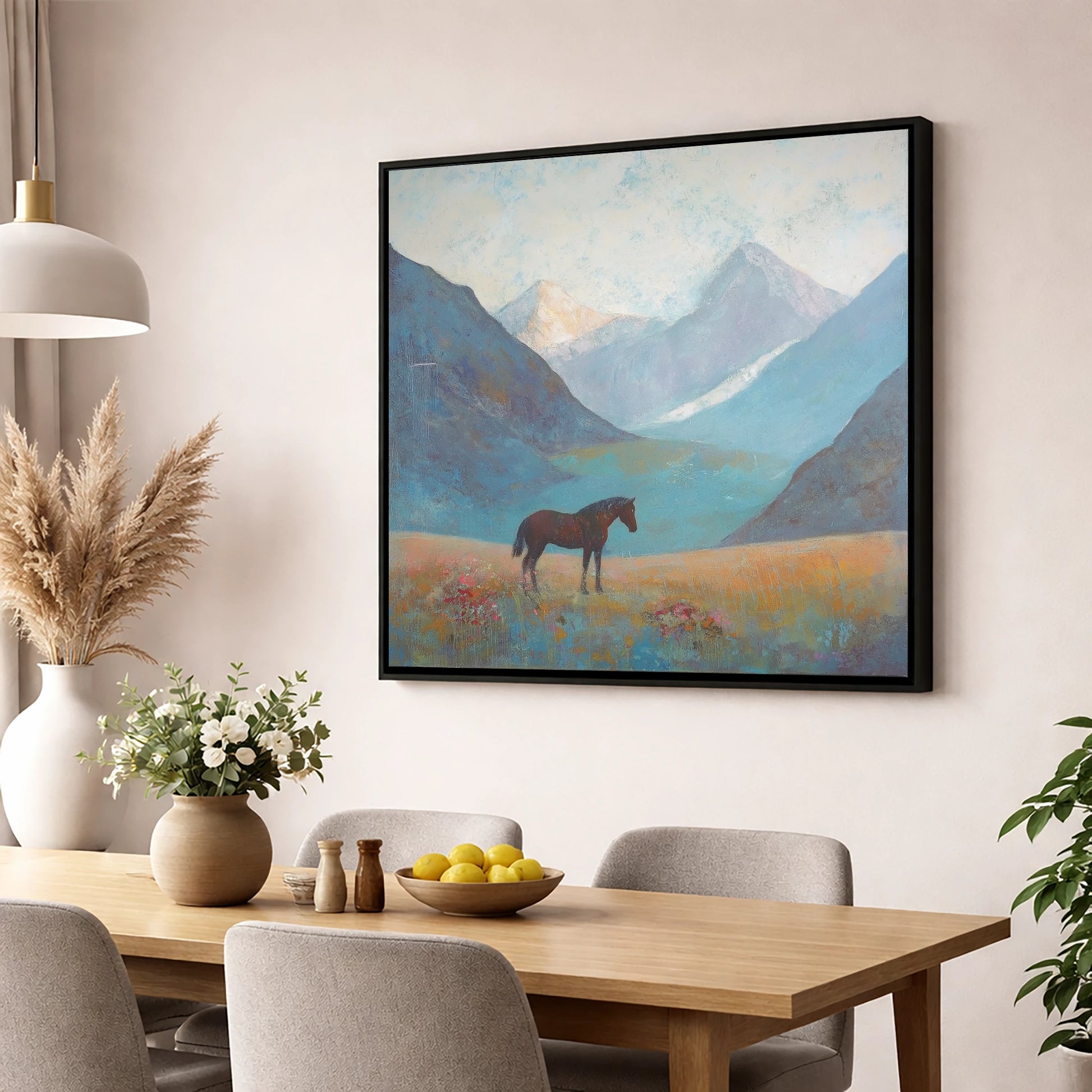 Mountain Solitude horse landscape wall art displayed in a dining room