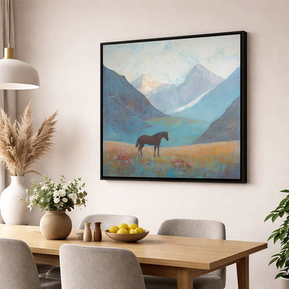 Mountain Solitude horse landscape wall art displayed in a dining room