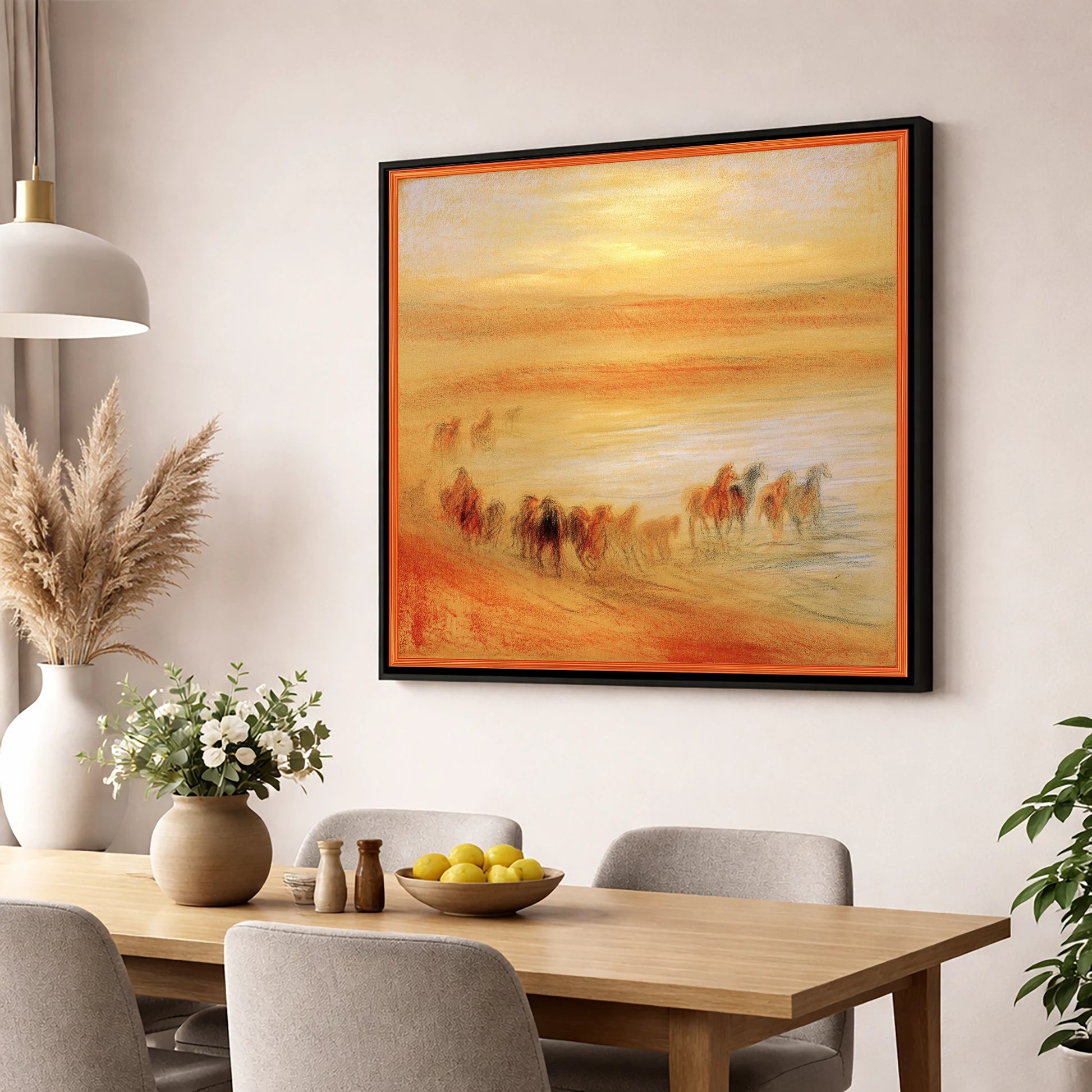 Terracotta Sunrise Herd horse landscape wall art displayed in a dining room