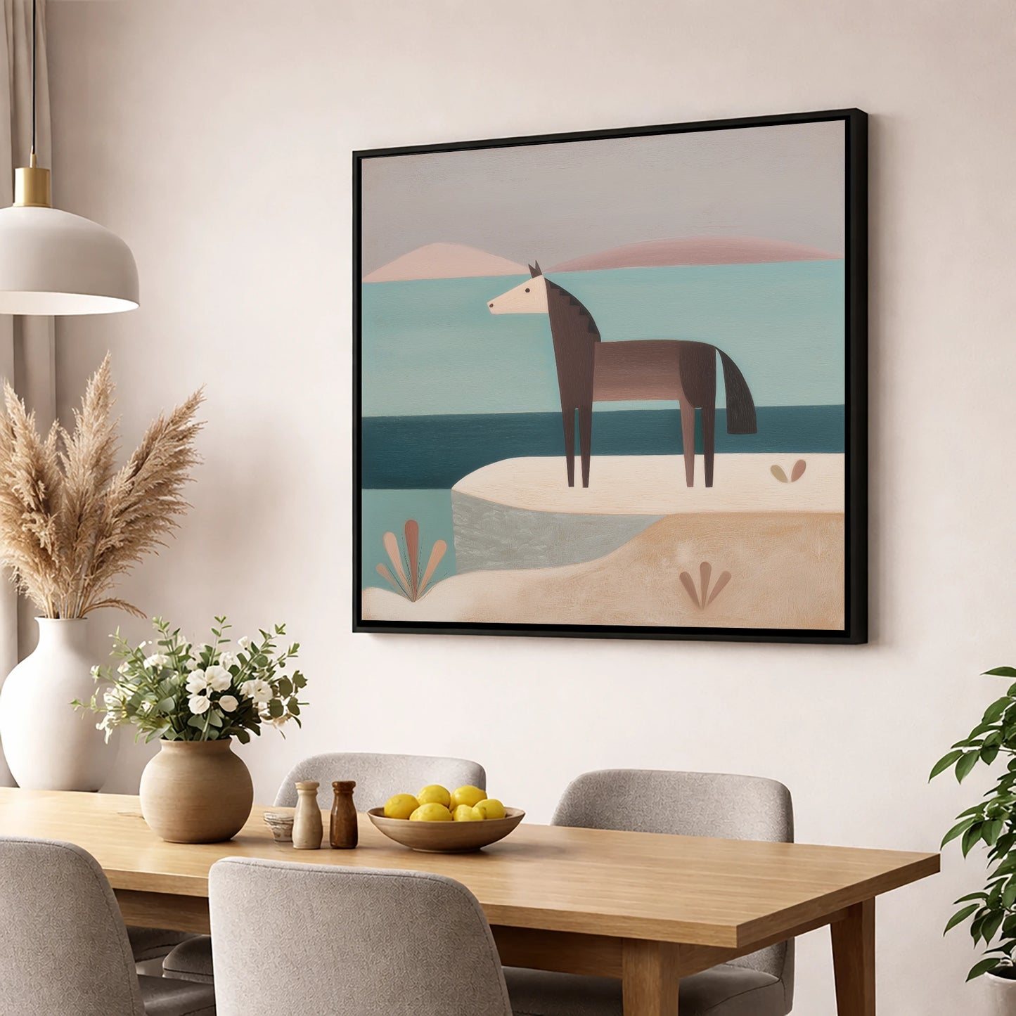 Coastal Solitude horse landscape wall art displayed in a dining room