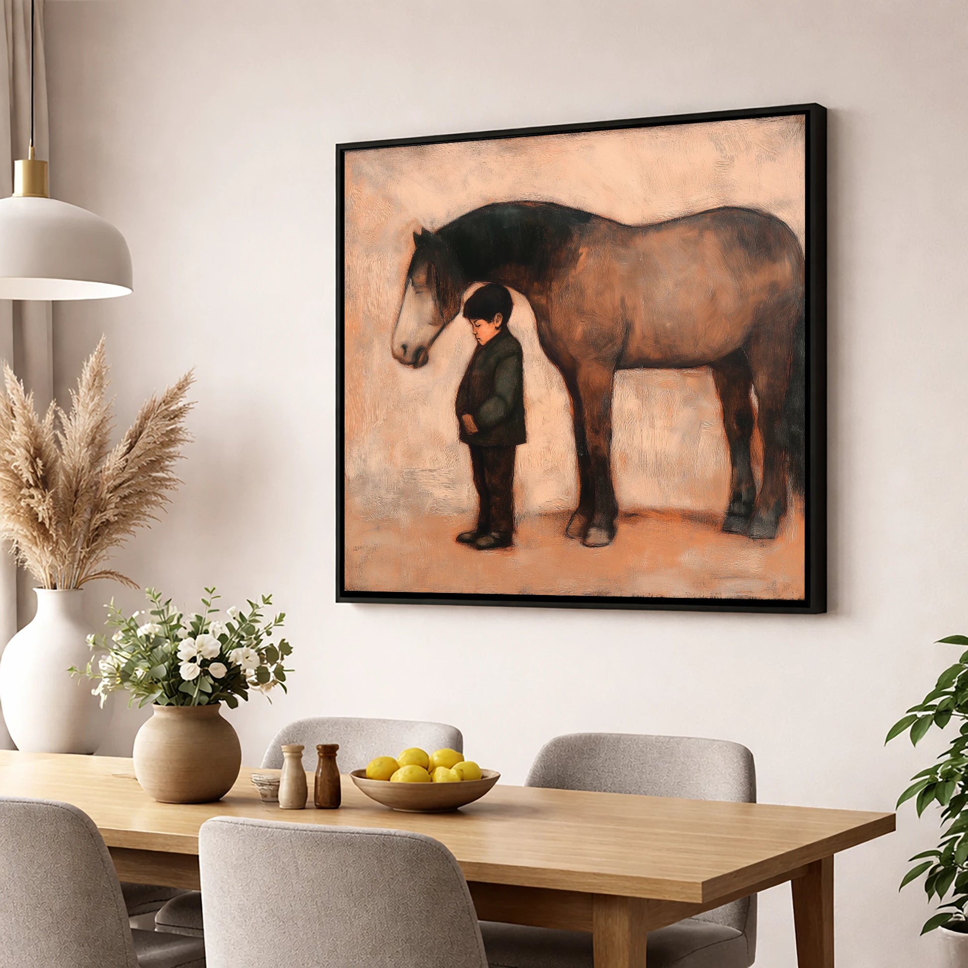 A Quiet Understanding horse & rider wall art displayed in a dining room