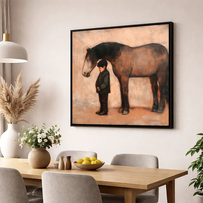 A Quiet Understanding horse & rider wall art displayed in a dining room
