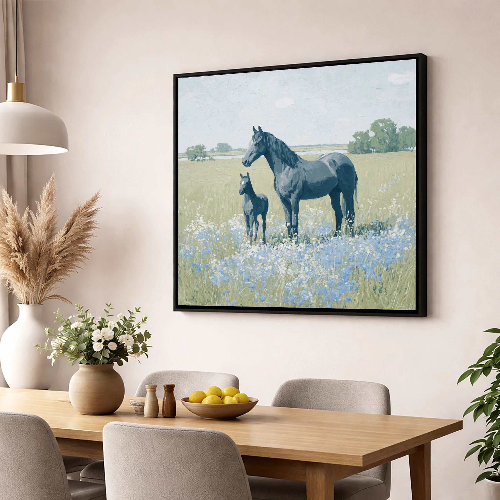 The Blue Meadow mare & foal wall art displayed in a dining room
