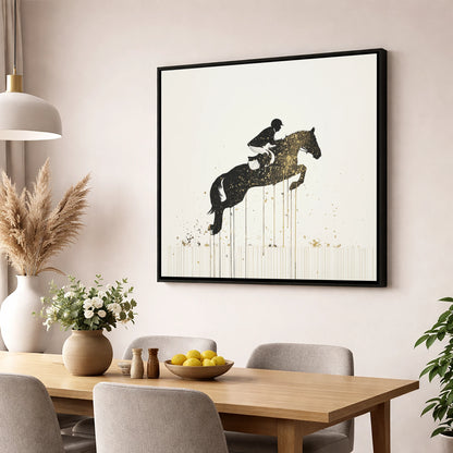 Suspended in Gold show jumping horse wall art displayed in a dining room