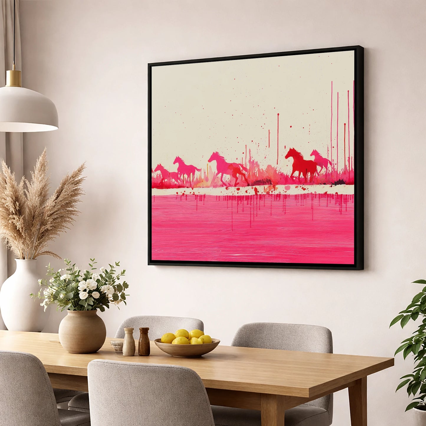 Crimson Gallop wild horses wall art displayed in a dining room