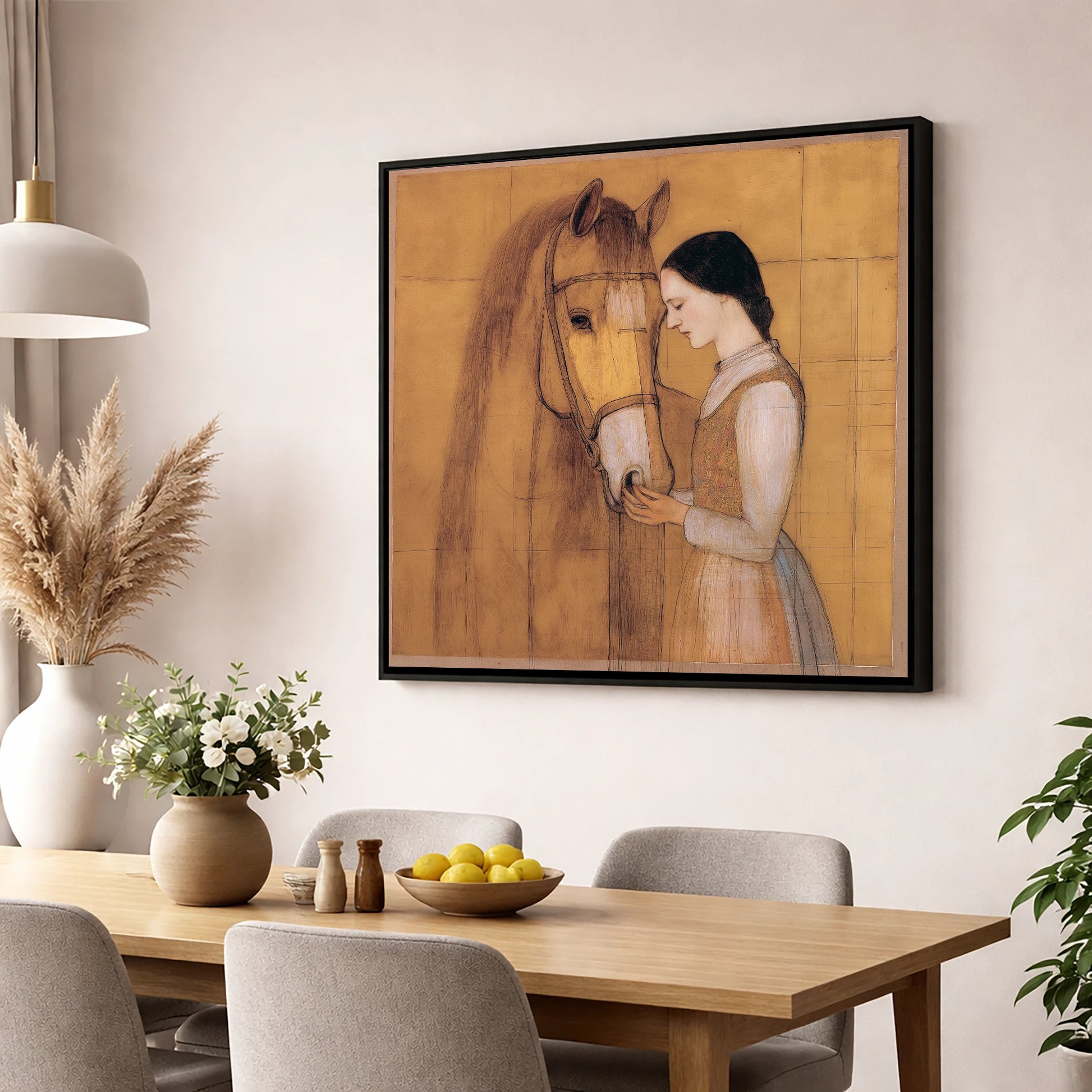 Quiet Connection horse & rider wall art displayed in a dining room