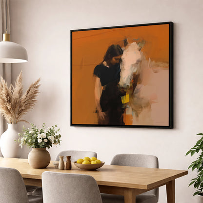 Unspoken Bond horse & rider wall art displayed in a dining room