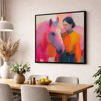 A Vivid Bond horse & rider wall art displayed in a dining room