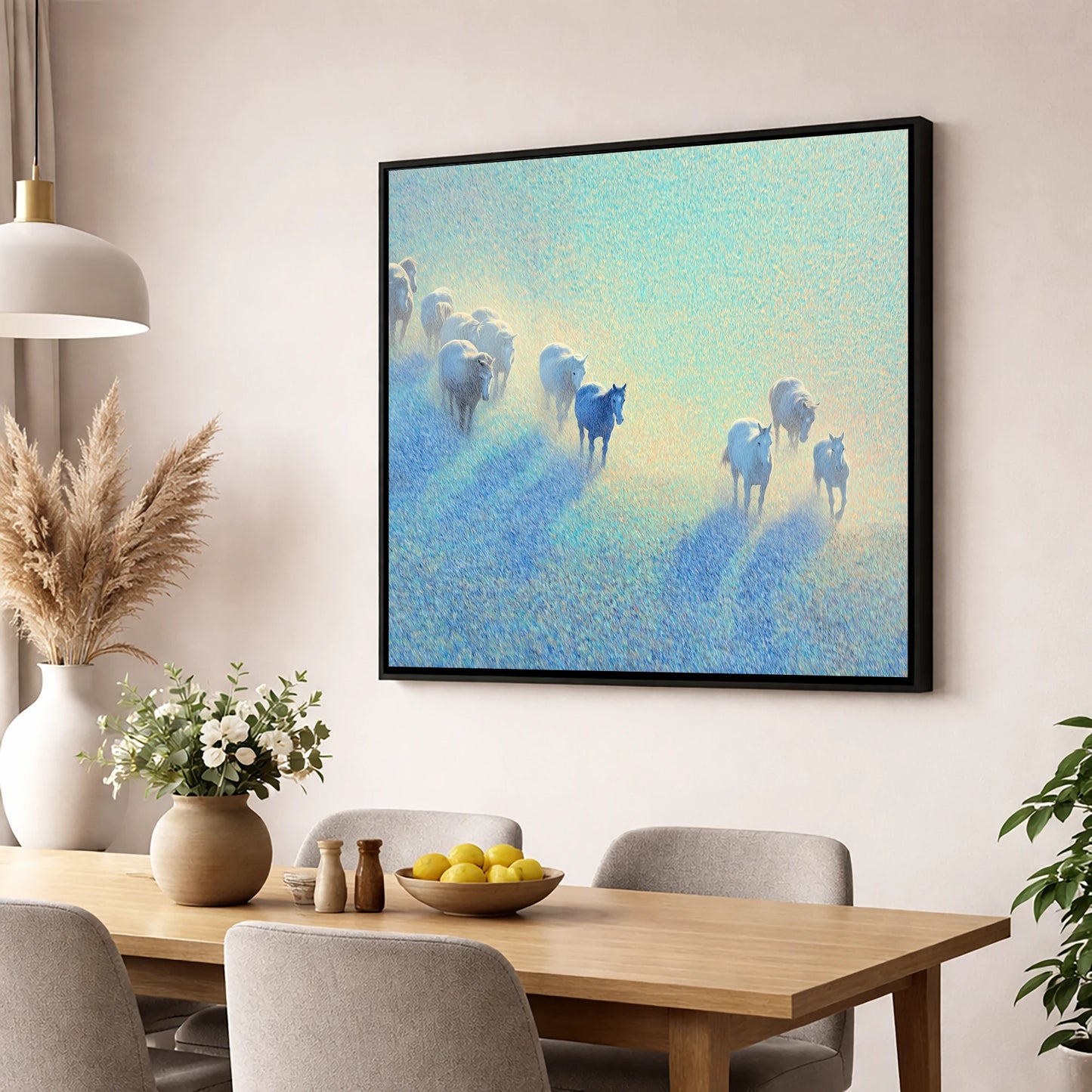 Ethereal Morning Herd wild horses wall art displayed in a dining room