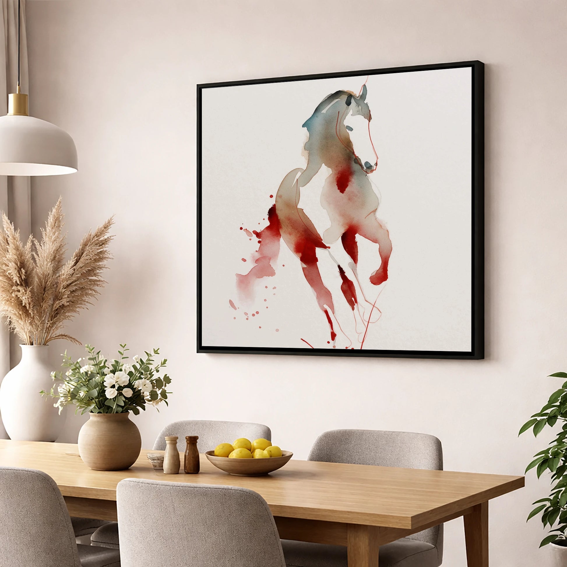 Visceral Dressage Form dressage horse wall art displayed in a dining room
