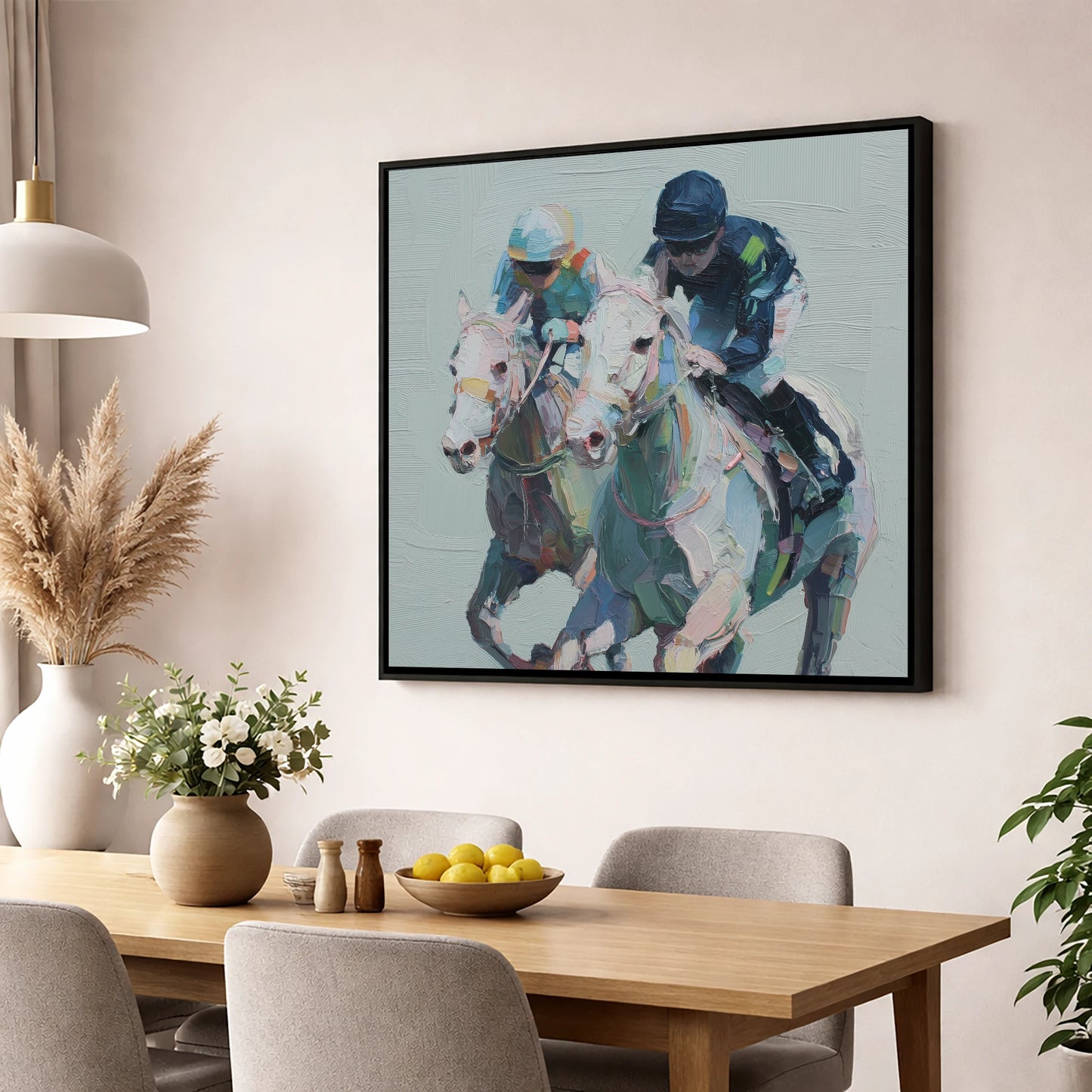 The Final Furlong racing horse wall art displayed in a dining room