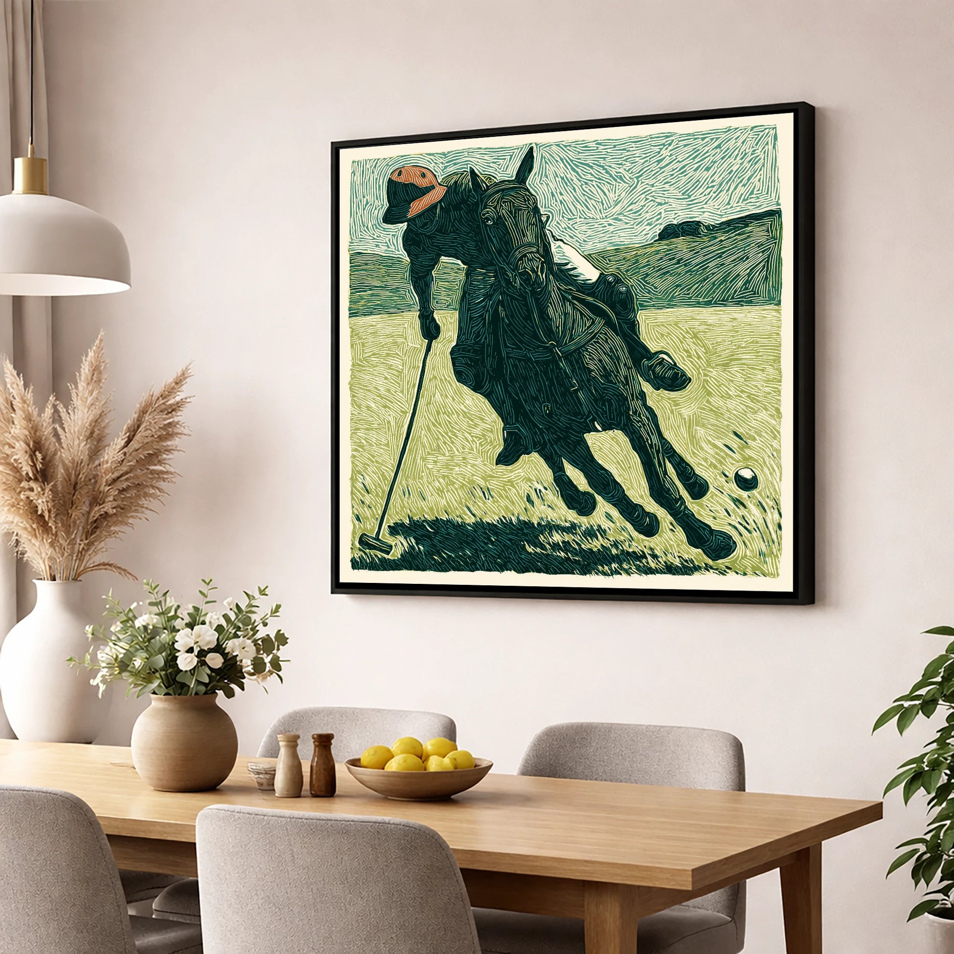 Dynamic Polo Strike polo horse wall art displayed in a dining room