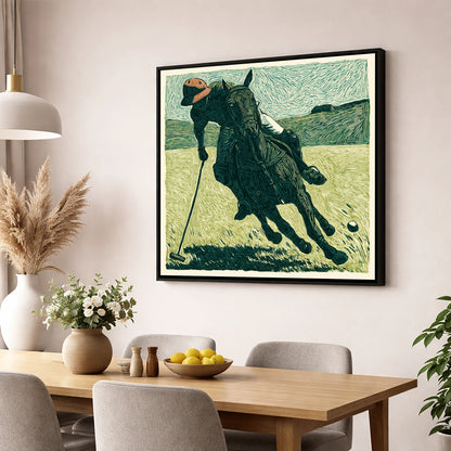 Dynamic Polo Strike polo horse wall art displayed in a dining room