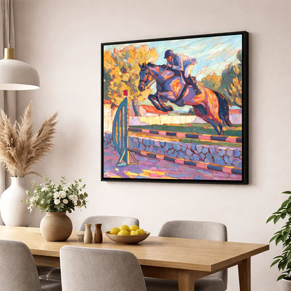 Sunset Flight show jumping horse wall art displayed in a dining room