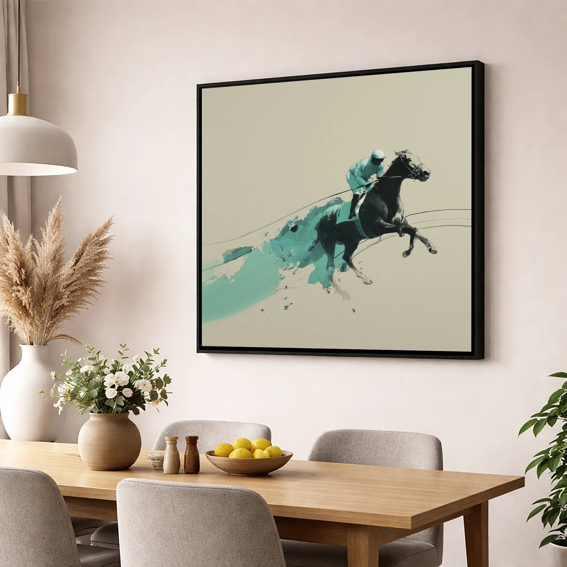 Velocity In Teal racing horse wall art displayed in a dining room