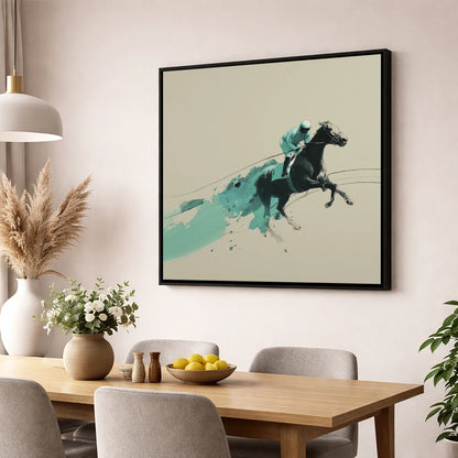Velocity In Teal racing horse wall art displayed in a dining room
