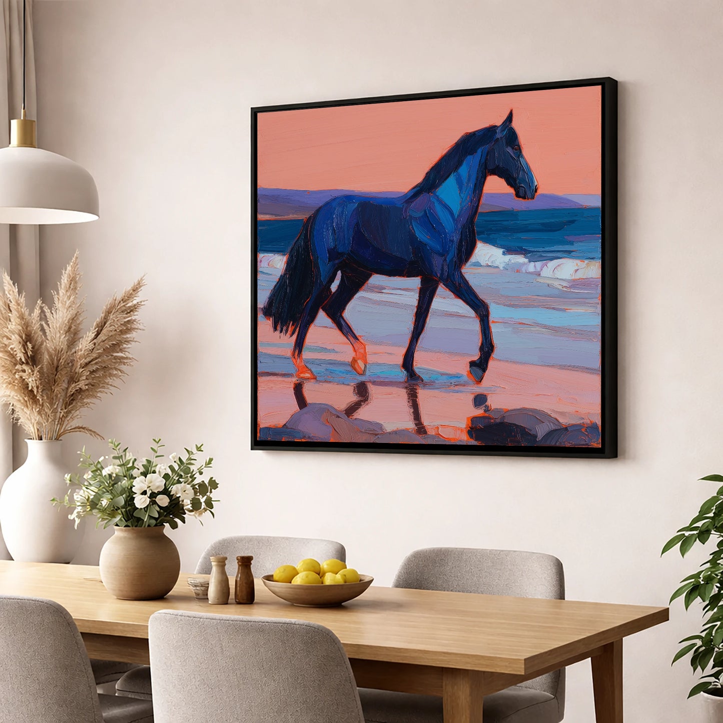 Indigo Beach Stride horse landscape wall art displayed in a dining room