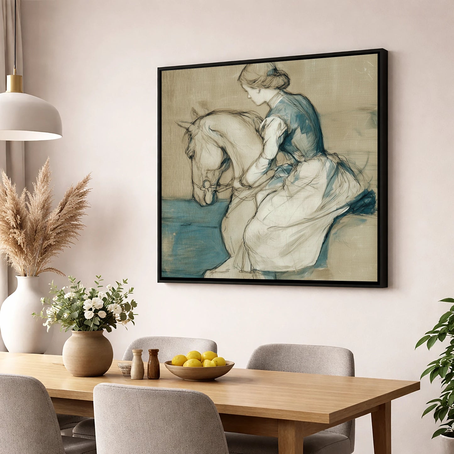 A Quiet Harmony horse & rider wall art displayed in a dining room