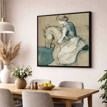 A Quiet Harmony horse & rider wall art displayed in a dining room