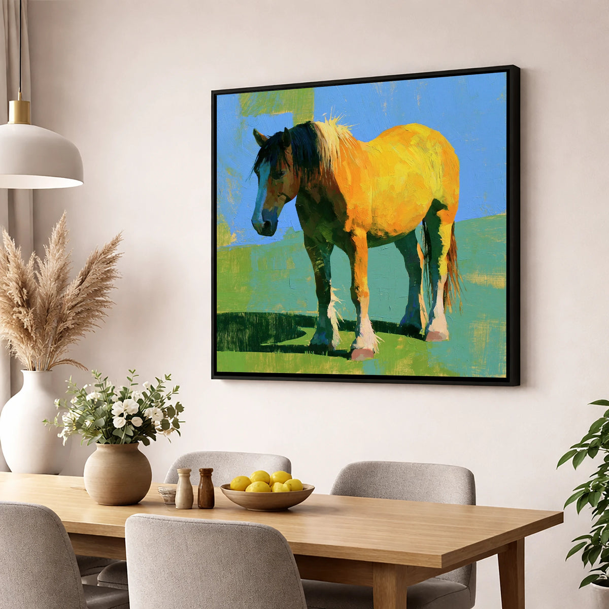 Golden Horse in Vibrant Sunlight horse breed wall art displayed in a dining room