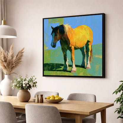 Golden Horse in Vibrant Sunlight horse breed wall art displayed in a dining room
