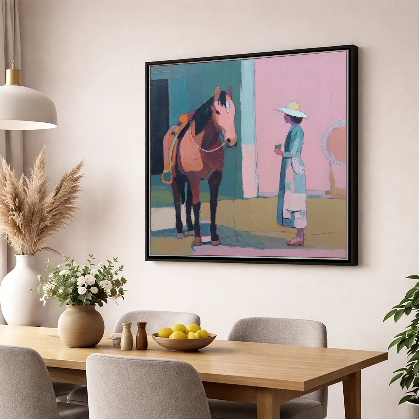 A Moment of Stillness horse & rider wall art displayed in a dining room