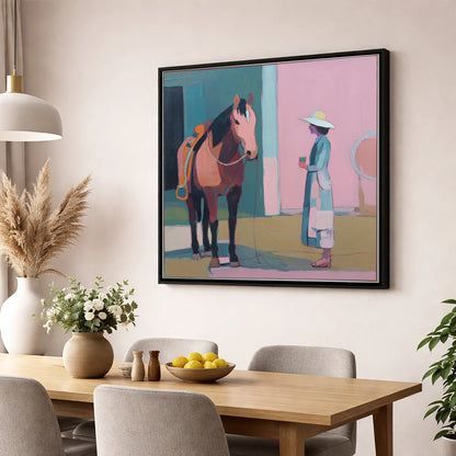 A Moment of Stillness horse & rider wall art displayed in a dining room