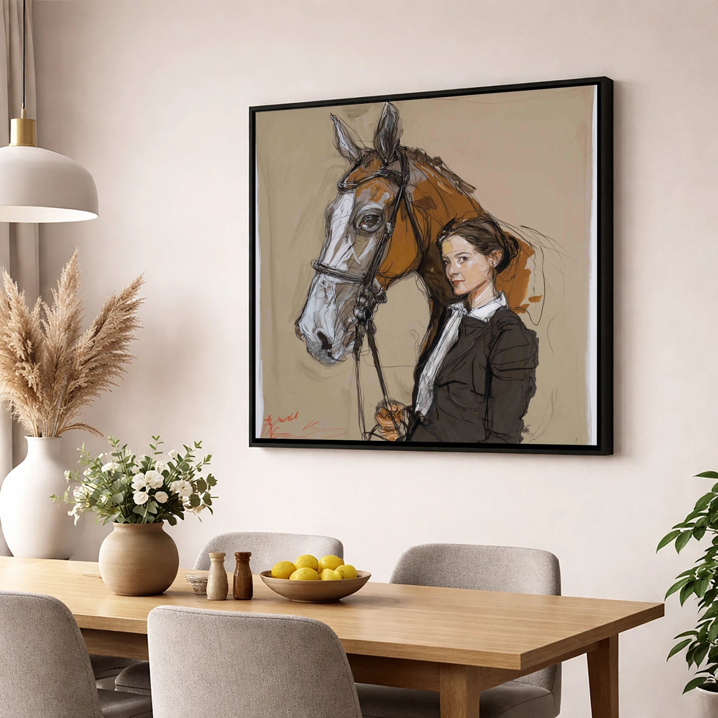 The Rider's Bond horse & rider wall art displayed in a dining room