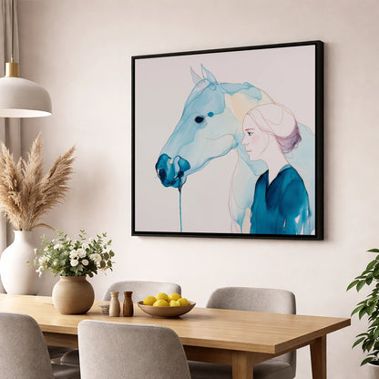 Cerulean Soulmates horse & rider wall art displayed in a dining room