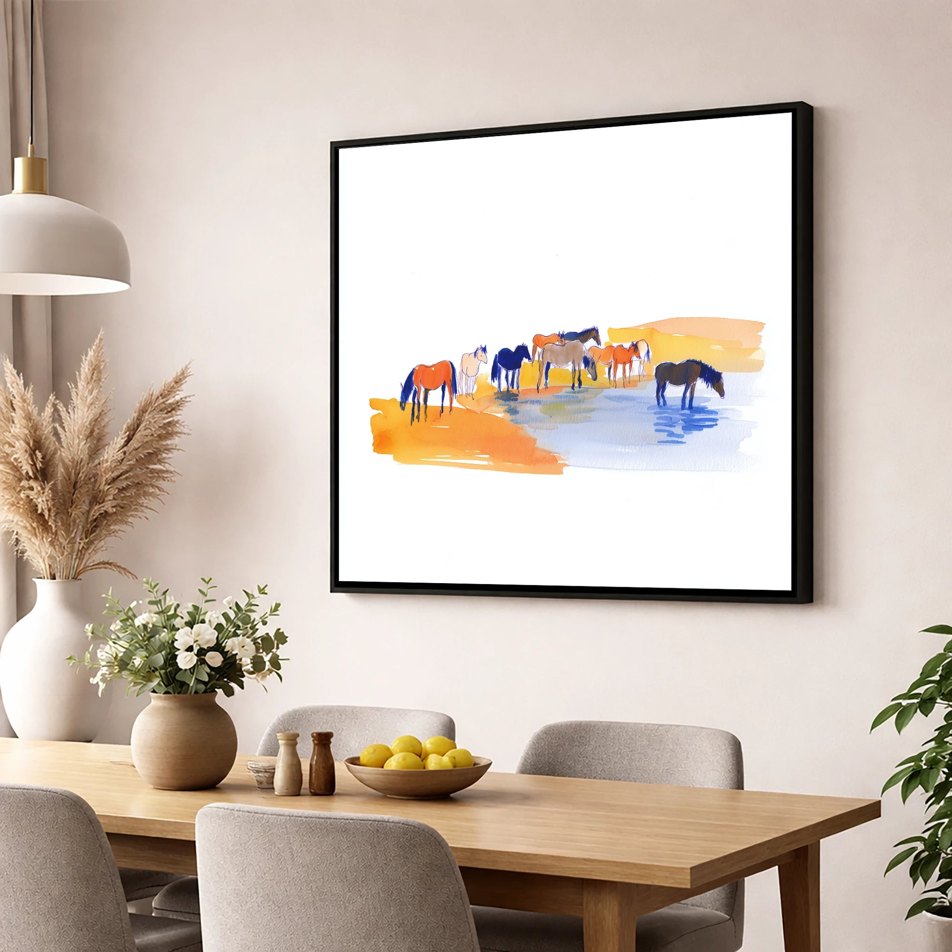 Oasis Gathering wild horses wall art displayed in a dining room