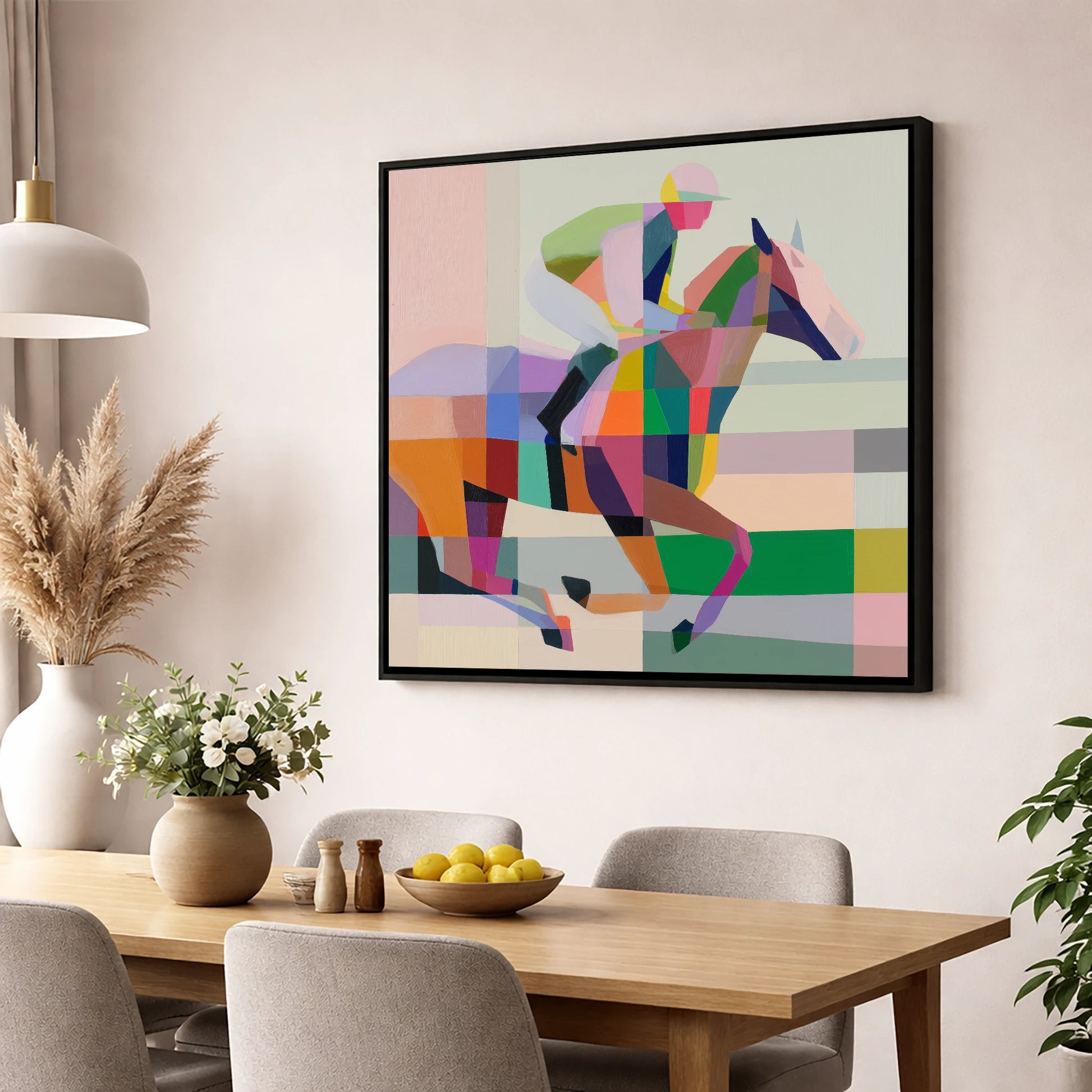 Prismatic Stride racing horse wall art displayed in a dining room