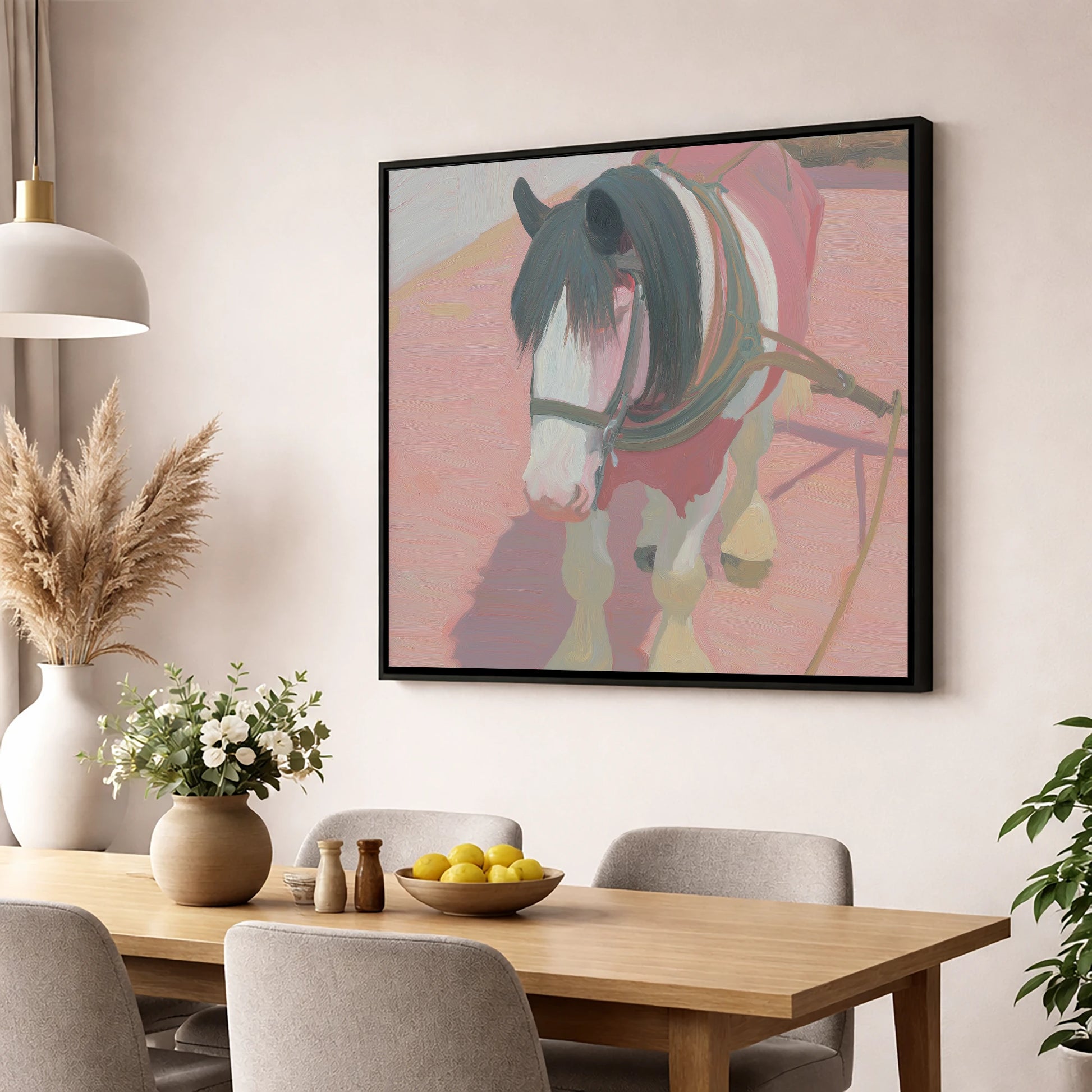 The Patient Draught working horse wall art displayed in a dining room
