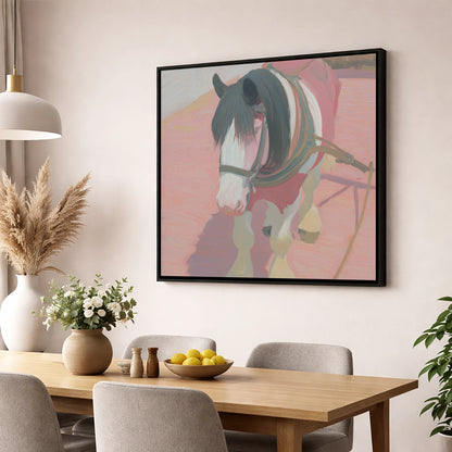 The Patient Draught working horse wall art displayed in a dining room